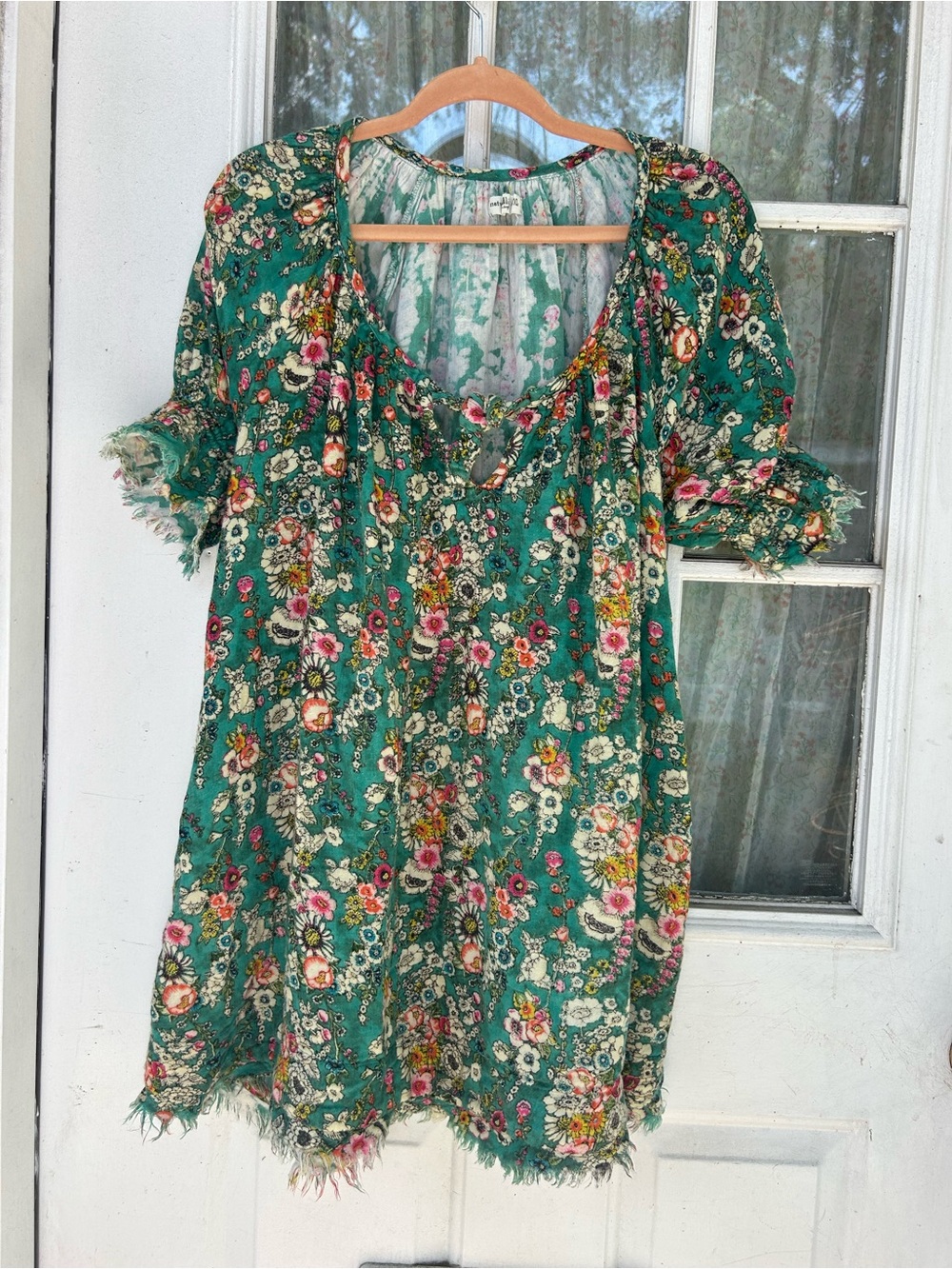Natural Life XL Boho Floral Dress Frayed Hem Teal Cottagecore Festival